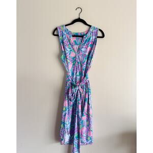 Lilly Pulitzer Blue Maldives Green Turtle Wave V Neck Tie Dress Large Resort